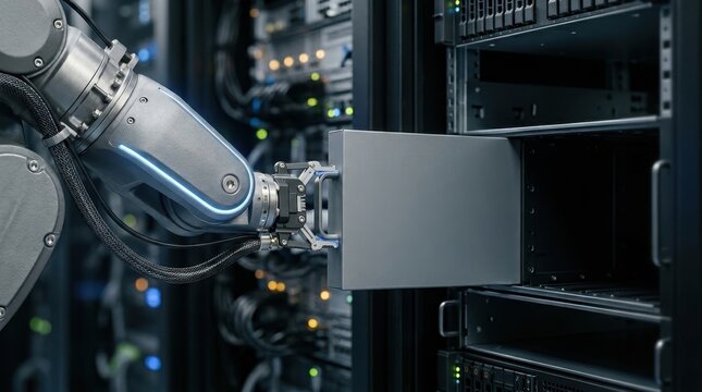 Robotic arm installing a server blade into a data center rack