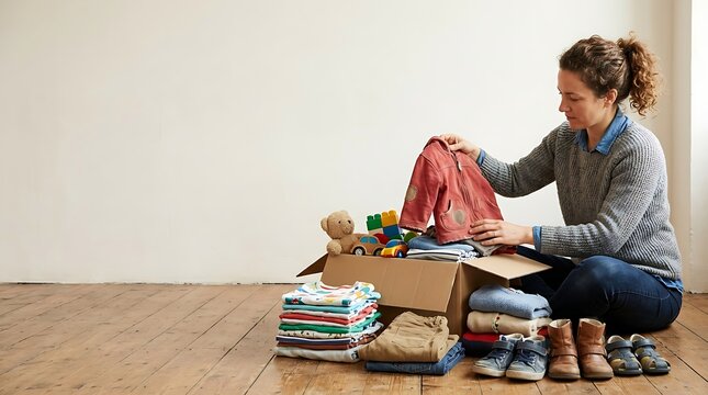 Woman sorting through outgrown children's clothes and toys