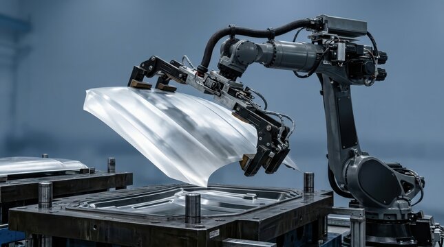 Industrial robotic arm handling a stamped metal car body panel in a factory