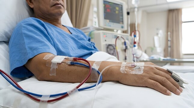 Elderly man undergoing hemodialysis treatment in hospital setting with medical equipment