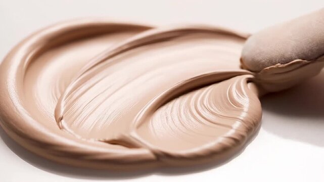 Smooth creamy beige liquid foundation makeup swirled with applicator brush close up
