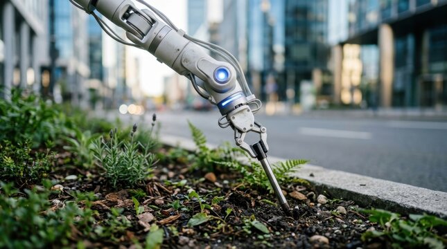 Robotic arm performing precision gardening or soil analysis in an urban area