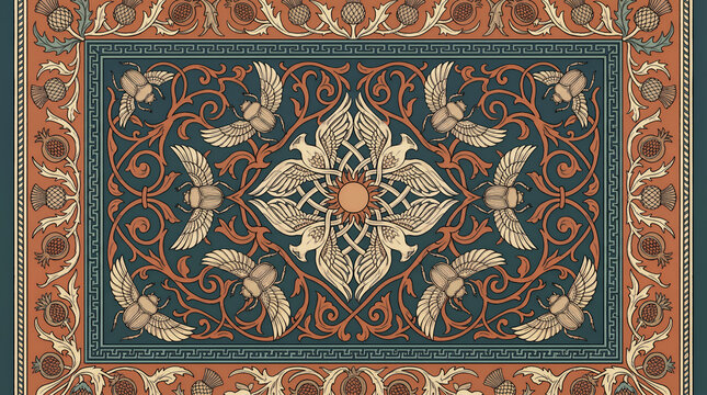 Ornate scarab beetle and thistle bordered persian-style carpet pattern persian rug