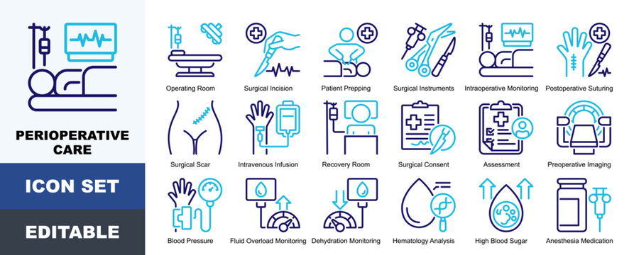 Perioperative Care Icon Pack Featuring Surgical Incision, Patient Prepping, Instruments,  Monitoring, Suturing, Scar, Intravenous Infusion, Recovery Room, Preoperative Imaging