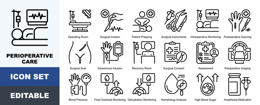 Perioperative Care Icon Pack Featuring Surgical Incision, Patient Prepping, Instruments,  Monitoring, Suturing, Scar, Intravenous Infusion, Recovery Room, Preoperative Imaging