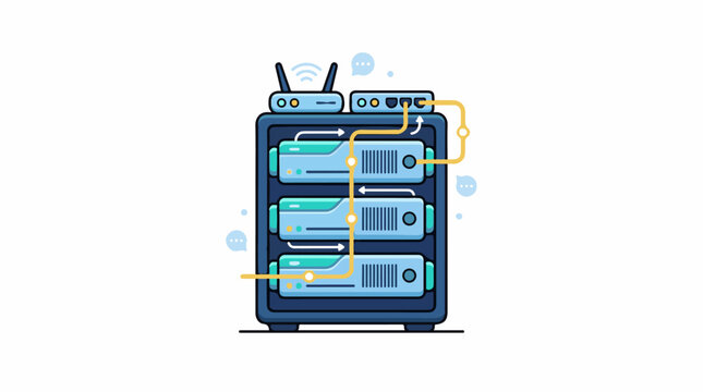 A blue server with four hard drives and a router on top with yellow lines