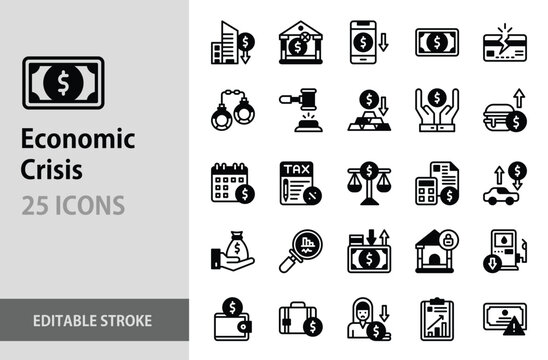 Economic Crisis Icon Set. Bankruptcy, Inflation, Recession, Debt, Crash, Poverty, Tax, Business, Finance, Currency, Money, Bank, Handcuffs, Auction, Graph, Loss, Unemployment, Card, Fuel, Wallet.