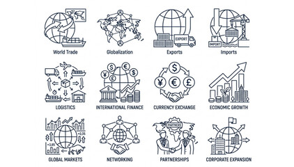 Obraz premium Global Business Economy and International Finance Thin Outline Icons Set