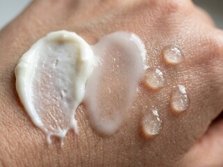 Fototapeta premium Closeup of hand with cream and gel droplets on skin for beauty or skincare product demonstration purposes