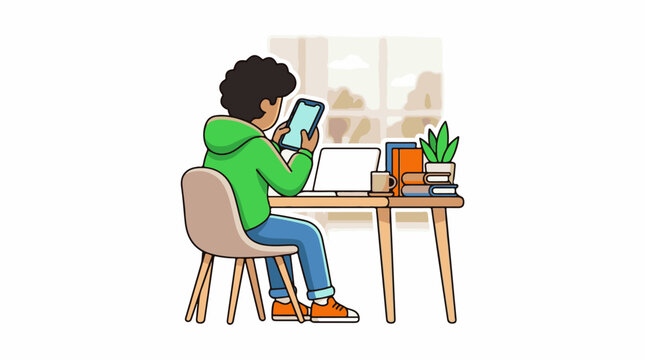 A person in a green hoodie sits at a desk with a laptop and books, using a tablet
