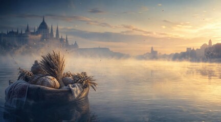 Hungary Saint Stephen's Day Danube river sunrise with bread and wheat basket
