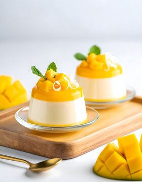 Two creamy mango puddings with glossy mango topping on a wooden serving board