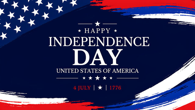 United states of America independence day festive banner with artistic red white blue brush strokes and stars on dark background for fourth of July national holiday celebration card.