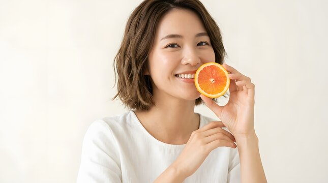 A smiling young Asian woman with short brown hair holds a vibrant, fresh orange slice near her cheek, showcasing natural beauty and healthy skin in a bright, clean studio environment.