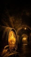 Saint Stephen's Day in Hungary historical wine cellar with oak barrels and wheat