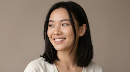 Fototapeta premium Close-up portrait of a beautiful young Asian woman with short dark hair smiling naturally and looking away against a plain neutral background