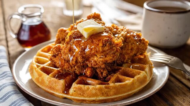 Crispy Fried Chicken Served Over Golden Waffles With Butter Topping