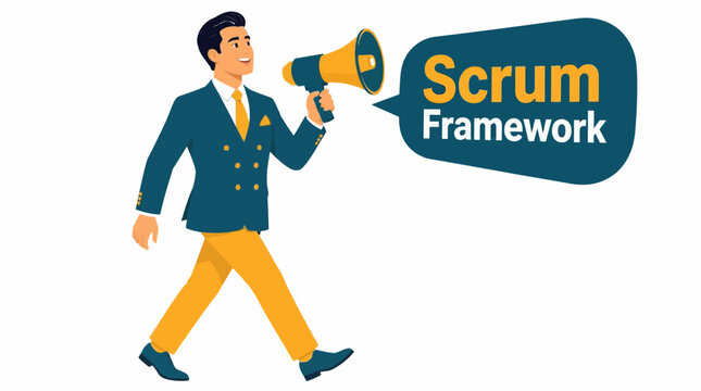 Businessman announcing Scrum Framework with megaphone.