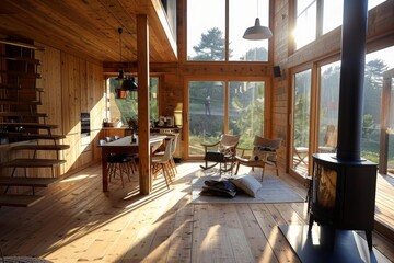 Obraz premium Cozy wooden cabin interior with large windows, showcasing modern rustic design in a sunlit living space