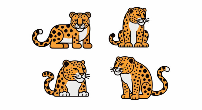 Four orange and black cartoon leopards with white chests