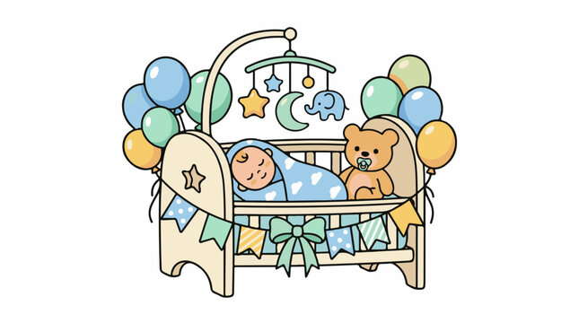 A baby sleeps peacefully in a crib with a teddy bear and colorful decorations