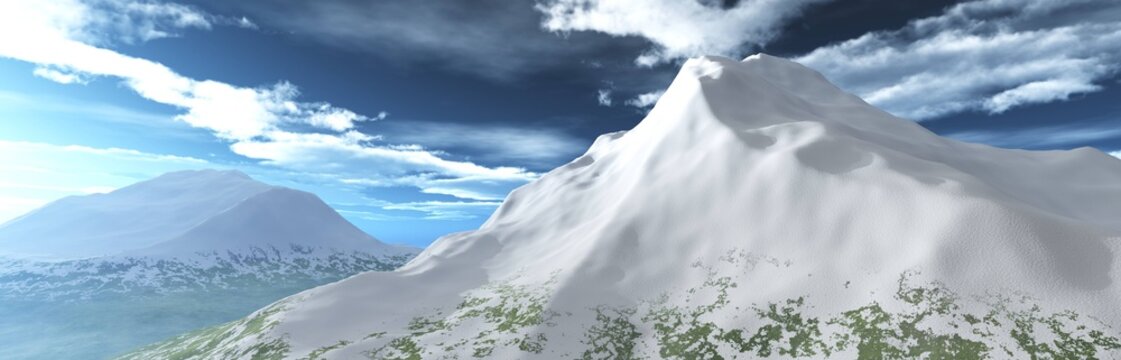 Snowy peak, mountain landscape panorama, sunset in the mountains, mountains and snow, sky and mountains, 3D rendering