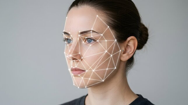 Facial recognition technology concept woman's face mapped with white geometric network lines
