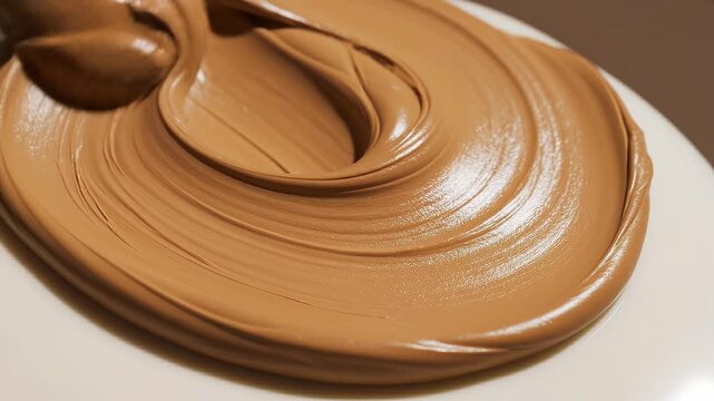 Smooth creamy peanut butter being spread with a black spatula on a white surface close up