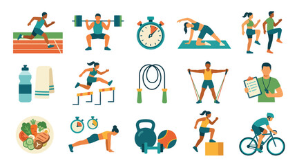 Fototapeta premium Fitness Sport Health Flat Vector Icons Set: Exercising People, Workout Equipment Healthy Lifestyle Symbols