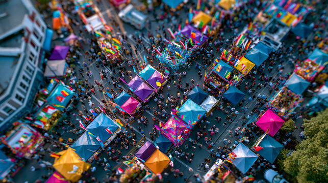 Golden hour aerial drone view of vibrant multicultural street fair with colorful booths, international flags and lively crowds below