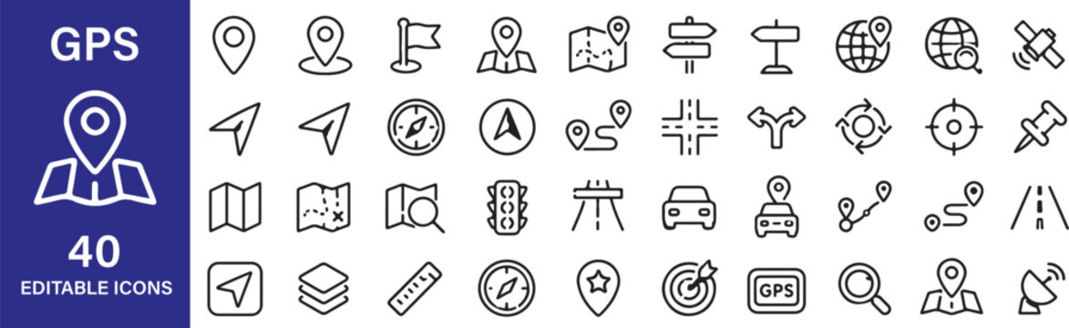GPS, Navigation, location elements -  icon, web, set, icon, symbol, linear, outline, line, signs, placeholder, traffic light, address, navigator, locate, tracing, point, semaphore vector symbols illus