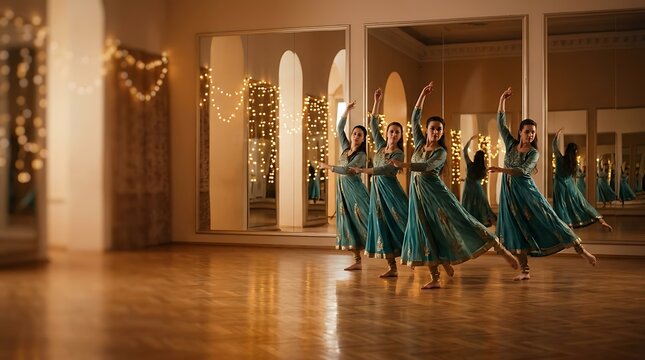 Women performing traditional indian dance in a mirrored studio