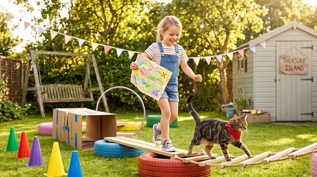 Child and Cat Backyard Treasure Hunt Adventure - Imaginative child and playful cat participating in a backyard treasure hunt filled with exploration, creativity, and memorable childhood experiences.