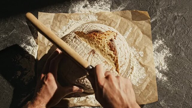 Aerial Perspective of Hands Rolling Dough on Parchment Paper with a Wooden Rolling Pin in a Rustic Kitchen Setting