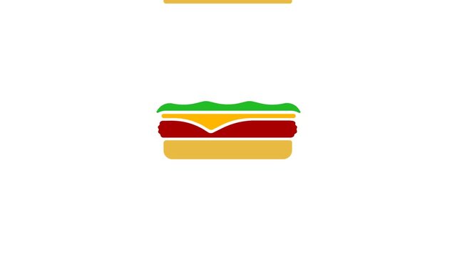 Minimalist flat design animation of a hamburger assembling on white background.