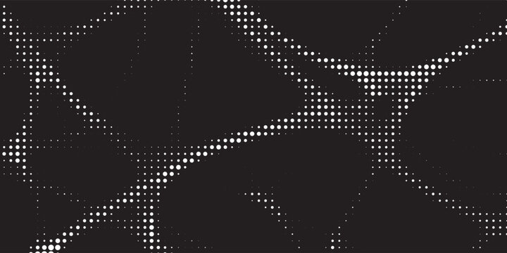 Abstract white halftone dot network pattern on black background