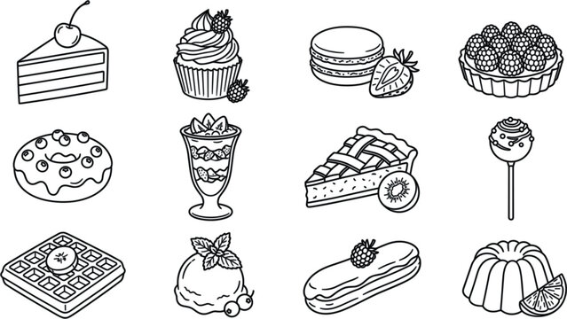 Sweet Dessert Doodle Icon Set with Cake, Cupcake, Macaron, Donut, Waffle, and Ice Cream Elements for Menu DesignSweet Dessert Doodle Icon Set with Cake, Cupcake, Macaron, Donut, Waffle, and Ice Cream 