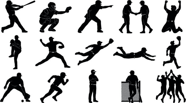 Baseball Player Silhouette Icon Set with Batter Pitcher Catcher Umpire and Team Players in Action Game Poses VectorsBaseball Player Silhouette Icon Set with Batter Pitcher Catcher Umpire and Team Play