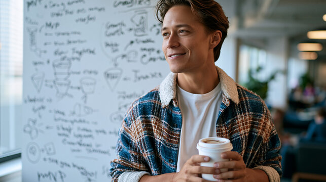 Young tech founder holding coffee by a whiteboard with startup diagrams, growth funnels and MVP timelines in a bright modern office