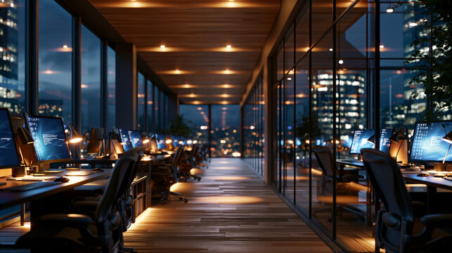 Empty modern open-plan office at night with dramatic wide angle view, rows of workstations and city lights through floor to ceiling windows