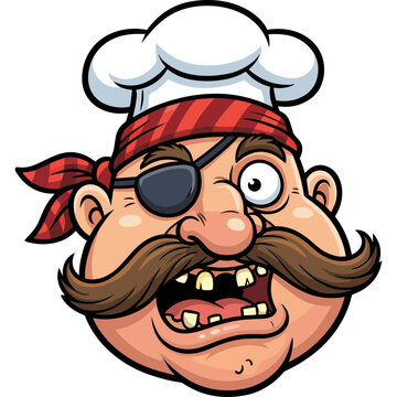 A chef wearing  wearing a red  red bandana  with  and a mustache is illustrated in a cartoon style.