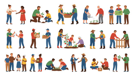 Fototapeta premium Flat Vector Illustration Set of People Gardening, Farming, and Sustainable Agriculture Activities
