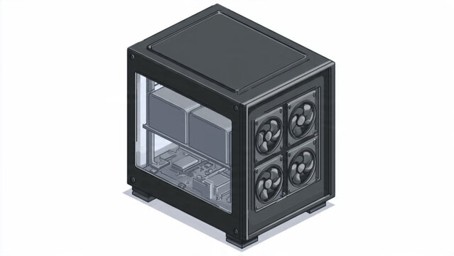 compact black computer case with transparent side panel and cooling fans for gaming and hardware setup