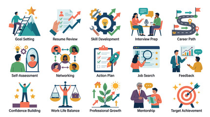 Fototapeta premium Flat illustration of career development and professional growth icons set, covering HR, job search, and work-life balance concepts.