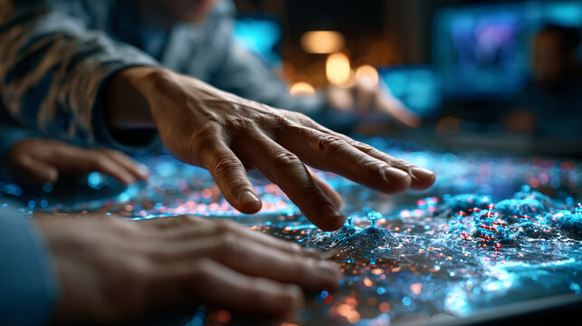 Military commander hands at a glowing tactical map table with holographic terrain and red blue unit markers in a dramatic low angle scene