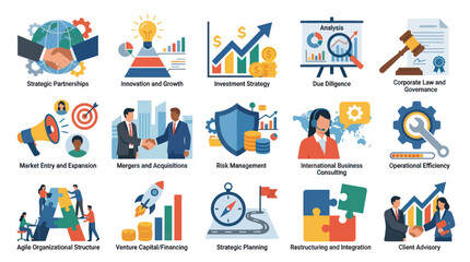 Fototapeta premium Business and Finance Flat Vector Icons: Strategy, Growth, Consulting, Law