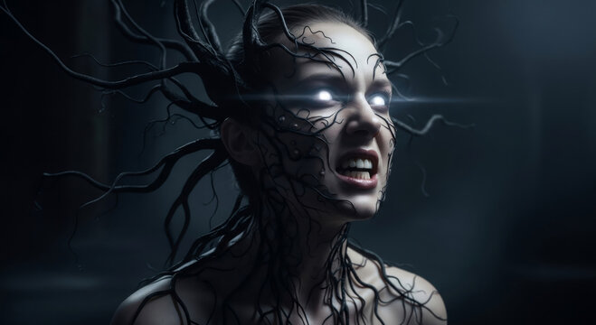 Woman with glowing eyes and dark tendrils on her face and body. Concept of inner darkness, evil, transformation, or demonic possession cinema banner template with copy space.