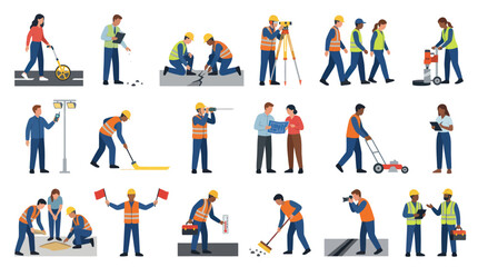 Fototapeta premium Flat Design Construction Workers, Builders, Surveyors, and Equipment Icons