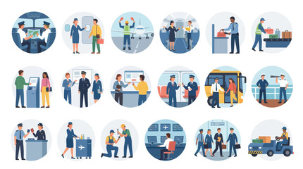 Fototapeta premium Airport and Aviation Industry Icons: Diverse Scenes of Travel, Security, and Personnel
