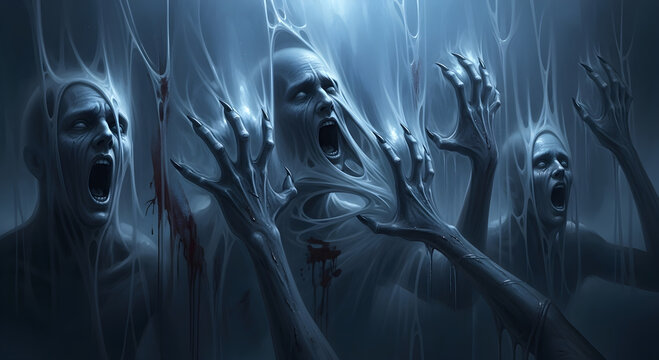 Grotesque, pale figures trapped in ethereal, translucent, sticky substance, screaming in zombie or vampire terror. Banner design template for Horror scene for Halloween or cinematic and game style.